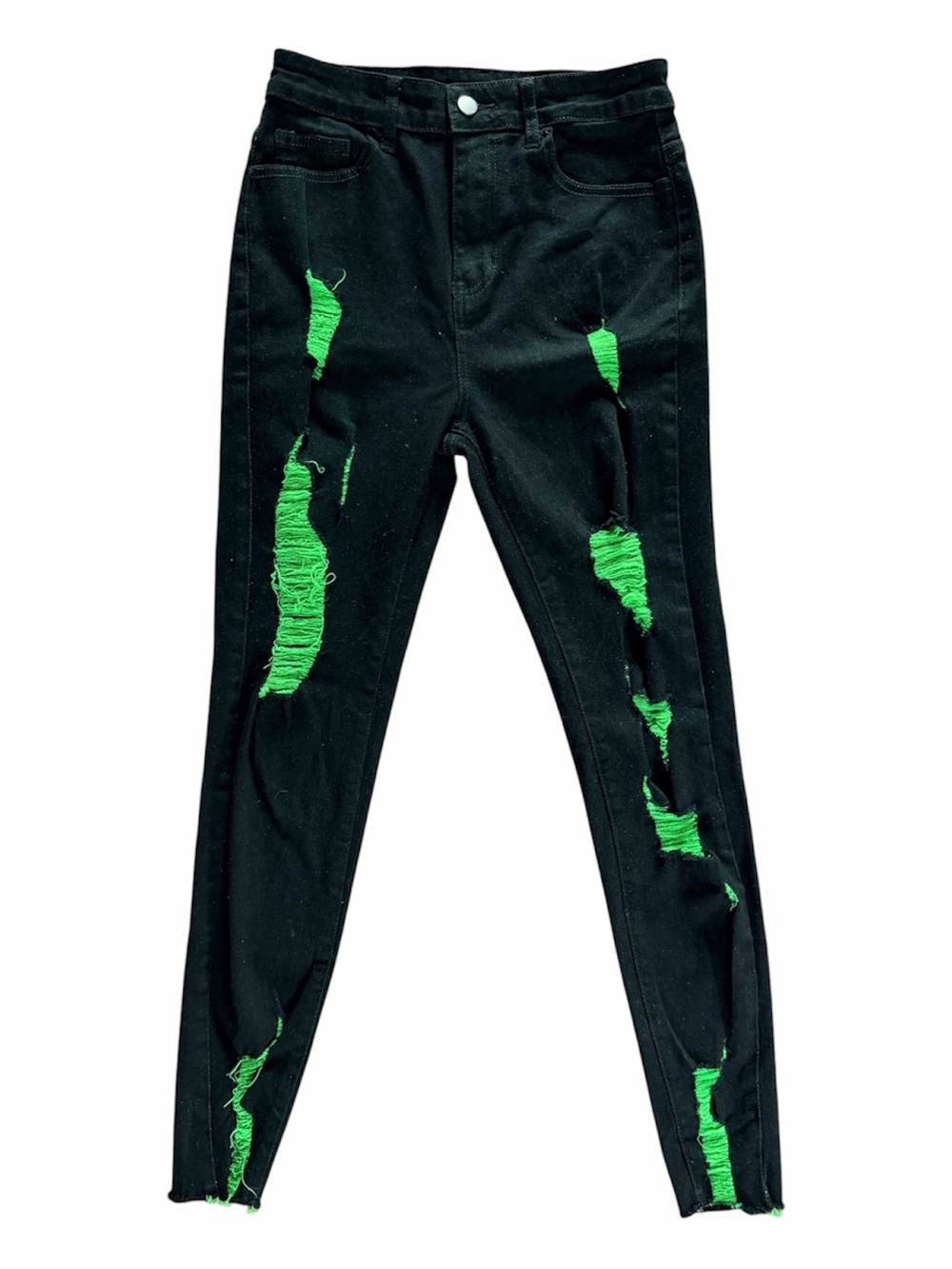 Black Skinny Jeans with Green Distressed Inserts